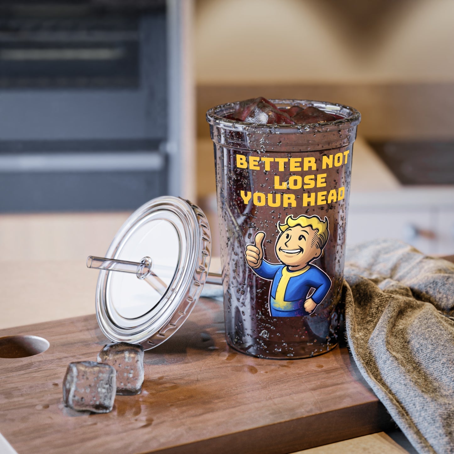 Acrylic Cup, Fallout Inspired Vaultboy Better Not Lose Your Head Cup, Mug, Drinkware, Coffee Cup, Gamer Gift