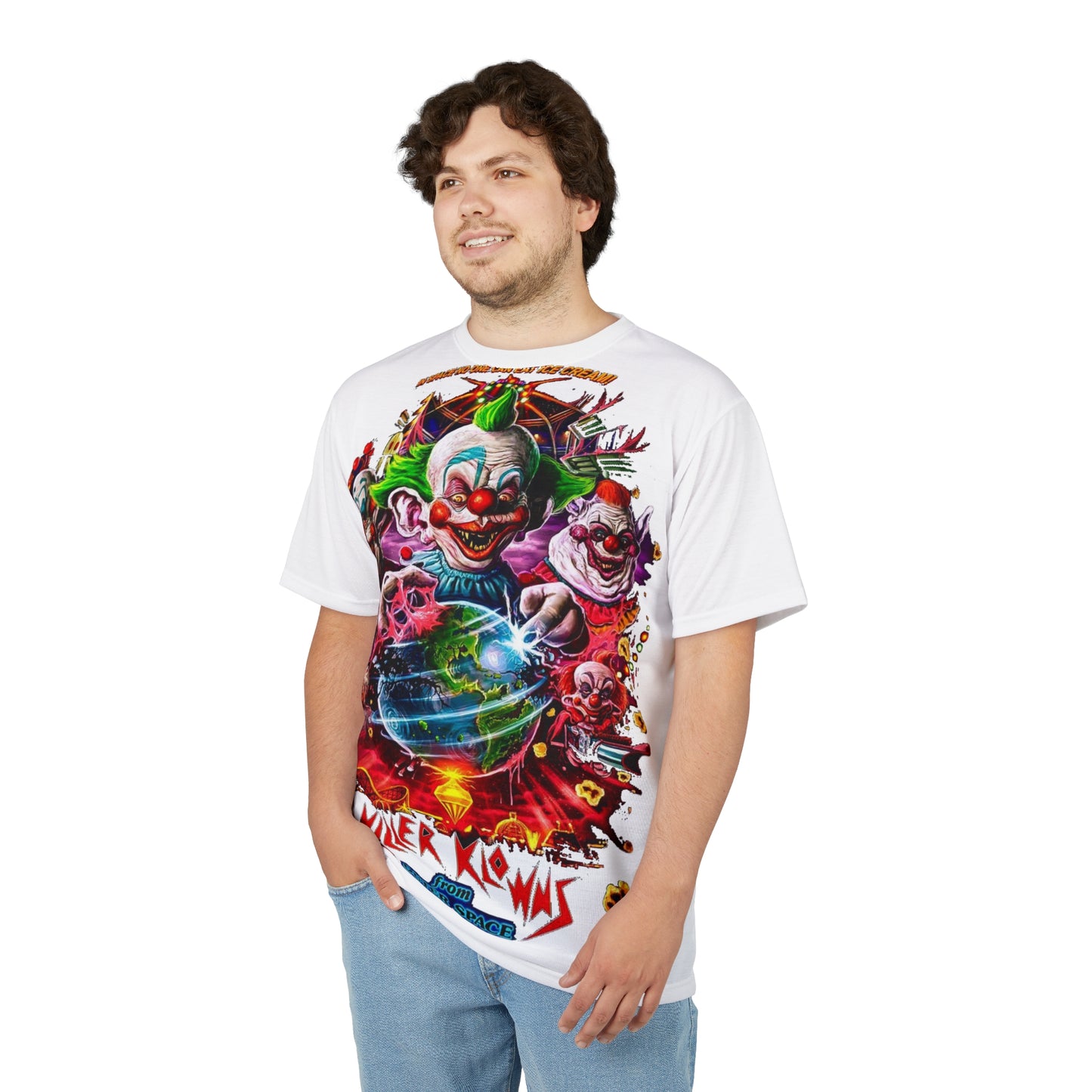Killer Clowns Graphic Tee, Horror T-Shirt, Unisex AOP Shirt, Retro Movie Apparel, Fun Gift for Halloween