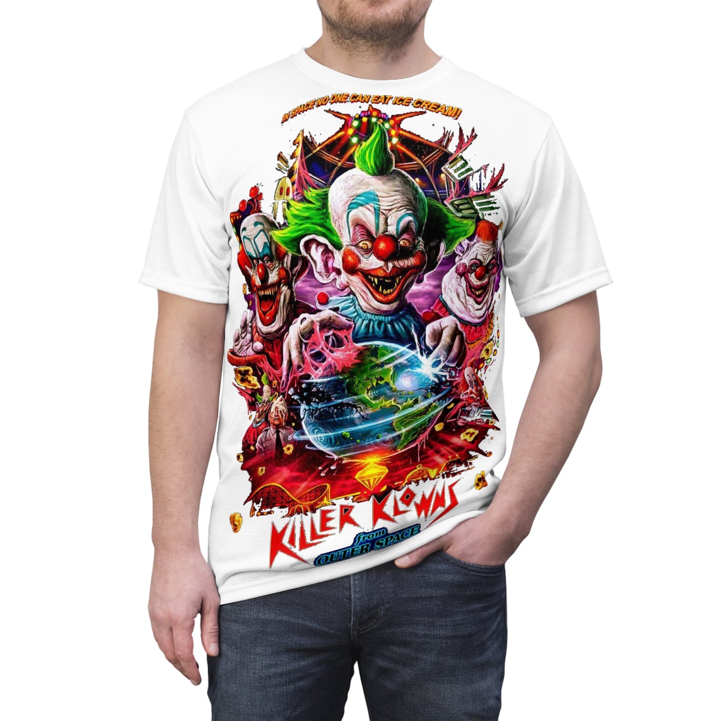 Killer Clowns Graphic Tee, Horror T-Shirt, Unisex AOP Shirt, Retro Movie Apparel, Fun Gift for Halloween