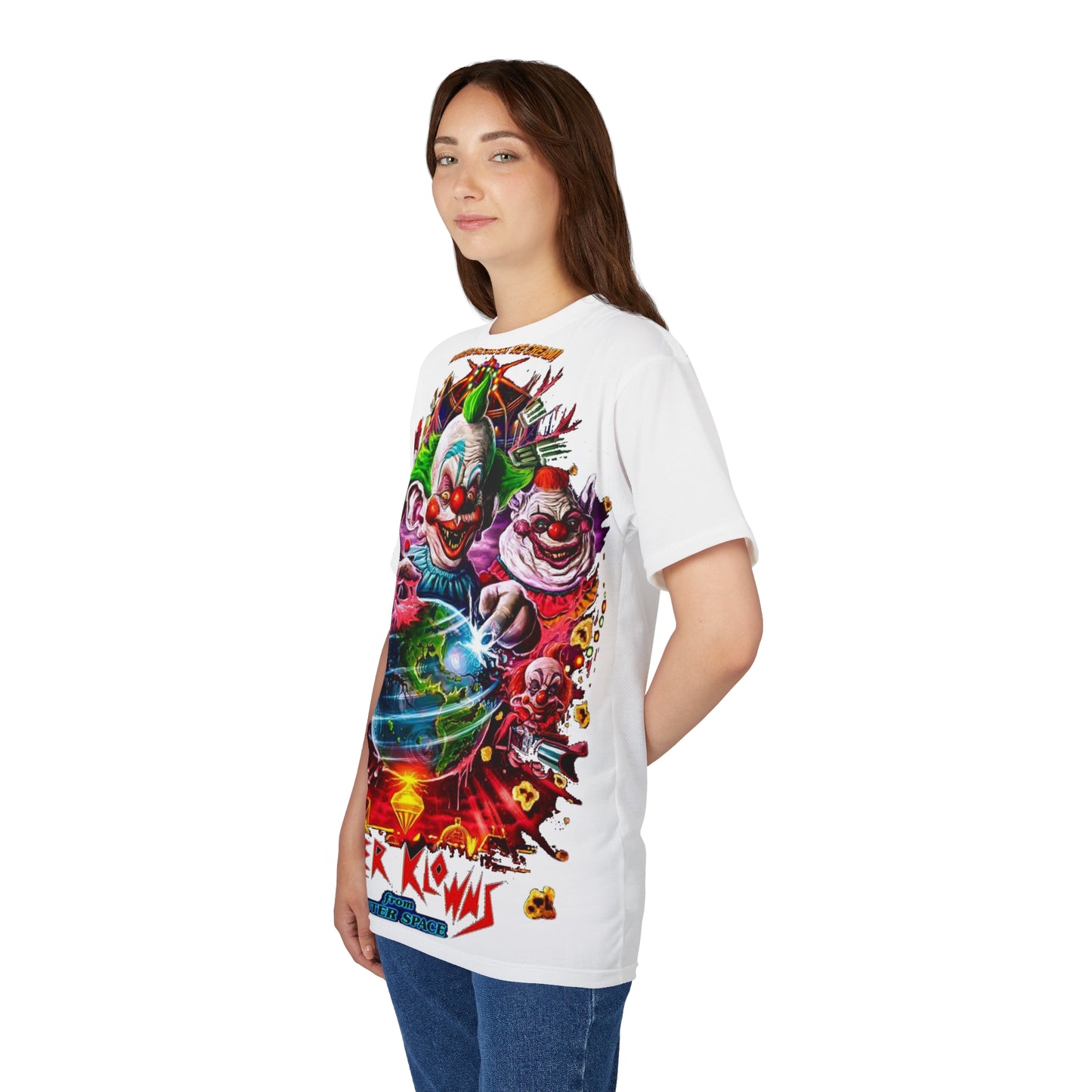 Killer Clowns Graphic Tee, Horror T-Shirt, Unisex AOP Shirt, Retro Movie Apparel, Fun Gift for Halloween