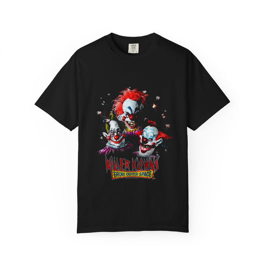 Killer Klowns Unisex Garment-Dyed T-shirt, Horror Movie Tee, Retro Halloween Top, Movie Night Shirt, Unique Gift for Fans